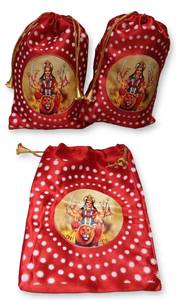 <b>Red</b> Satin Drawstring <b>Bag</b> With Goddess Durga Print For <b>Gift</b> Use - Product Image 3