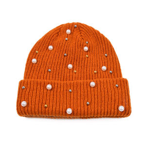 Hip Hop Winter Warm Thick Solid Color Women Ribbed Acrylic Cuffed Rivet Pearl <b>Knitted</b> <b>Beanie</b> With Pearls - Product Image 2