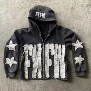 Sudadera con capucha para hombre personalizada, de tejido grueso y pesado, con corte y costura, estilo vintage, con cremallera, parche bordado, lavado ácido. - Product Image 1