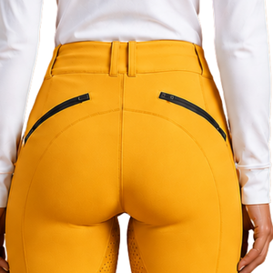 Leggings d'équitation jaune doré pour femmes, taille haute, avec grip en silicone extensible et poches intégrées - Product Image 4