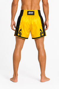 Custom Men's Yellow <b>Black</b> Muay Thai Boxing Shorts Satin Tribal Print Wide Elastic Waistband Kickboxing Training Fightwear OEM - Product Image 6
