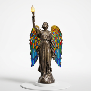 Figurine d'ange en fer forgé avec des ailes colorées tenant une torche, sculpture d'art de collection avec impression UV et design 3D complet - Product Image 1