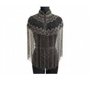 Cape de soirée élégante pour femme, en argent, ornée de perles, brodée, avec longues franges et pompons, idéale pour mariages et événements. - Product Image 1