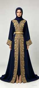 Abaya Larga para Mujer, Cuello en V, Manga Larga, Bordado Floral, Estilo de Oriente Medio, Elegante, Corte Regular, Poliéster Sin Elasticidad - Product Image 3