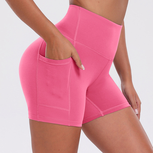 Shorts de yoga taille haute couleur unie avec poches, effet ventre plat, en nylon sans couture, très extensible, pour femme, fitness et sport - Product Image 6