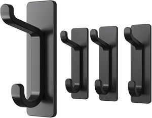 Matte Black Adhesive Wall Hooks Heavy Duty Dual Prong <b>Coat</b> Hangers No Drill Sticky <b>Rack</b> for Clothes Hats Towels Bags Robes Keys - Product Image 1