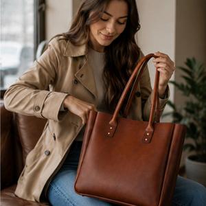 Sac fourre-tout en cuir véritable pour femme, style classique, grande capacité, poignée supérieure, couleur marron, usage quotidien - Product Image 5