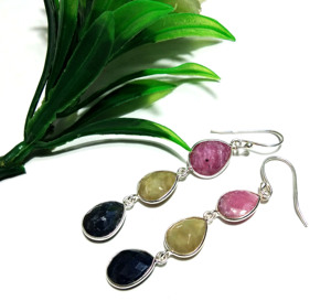 925 Sterling Silver Multi <b>Sapphire</b> Gemstone Dangle <b>Earrings</b> <b>Blue</b> Yellow Pink Teardrop Bohemian Style Wedding Engagement Party - Product Image 2