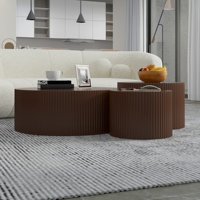 Ensemble de 3 tables basses modernes rondes cannelées en bois massif écologique, luxe, brun foncé, gigognes, hauteur réglable, pour salon