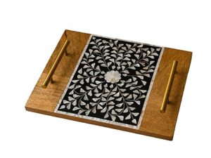 Hs Husnain Crafts - Bandeja de Servir Moderna de Madera con Incrustaciones de Madreperla, Diseño Floral Negro, Asas Doradas, Forma Rectangular - Product Image 1