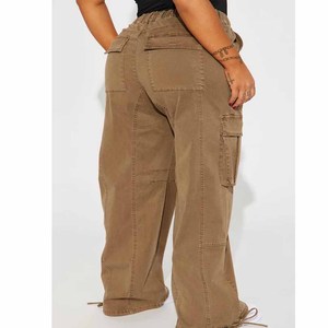 Women's <b>High</b> <b>Waist</b> <b>Cargo</b> Pants Solid Color Loose Fit Full Length With Pockets Drawstring Closure Canvas Material Casual Style - Product Image 2