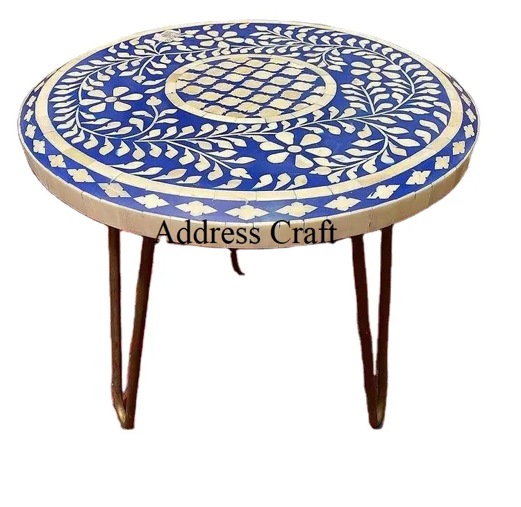 20223Best Selling Moroccan Style Blue And White Bone Round Table Bone Inlay And Resin Stylish Coffee Table/Centre Table