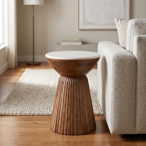 Table d'appoint ronde en bois de manguier artisanale Aqdus Saleem, minimaliste, durable, avec incrustation de marbre - Vente en gros - Product Image 1