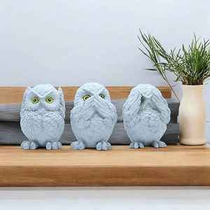 Figurines d'hiboux sages artisanales, ensemble « ne voir, ne entendre, ne parler que du bien », sculpture minimaliste pour la décoration intérieure, art ludique en céramique pour étagère - Product Image 2