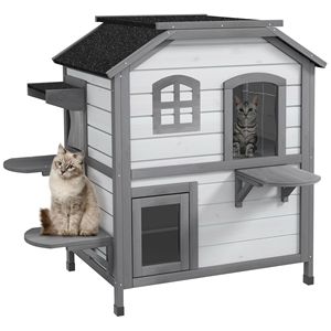 Casetta per Gatti da Esterno a 2 Piani Bianca con Porta di Fuga, 4 Piattaforme, Tetto in Asfalto, Rifugio per Animali Domestici, Cuccia per Gattini in Legno di Abete - Product Image 1