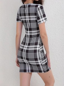 Vestido Mini Ajustado a Cuadros, Cuello Redondo, Manga Corta, Estilo Casual, para Todas las Temporadas, Tejido de Punto - Product Image 5