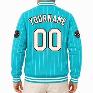 SINEWY SPORTS Veste universitaire unisexe hiver grande taille à rayures turquoise, personnalisable avec nom et numéro par impression par sublimation - Product Image 5