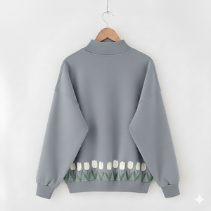 Sudadera Gris de Cuello Alto para Mujer con Estampado de Tulipanes, Hombros Caídos, Manga Larga, Estilo Casual, Diseño Floral de Primavera - Product Image 6