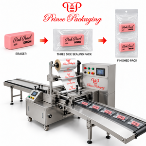 เครื่องบรรจุภัณฑ์แบบปิดผนึกสามด้านอัตโนมัติความเร็วสูง ใช้ระบบ PLC สำหรับอาหาร ดินสอเหลาดินสอ และยางลบ - Product Image 1