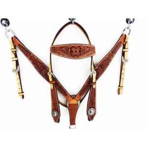 Plastron et têtière en cuir sculpté style Western avec paillettes |   Harnais pour cheval en acier inoxydable |   Équipement d'équitation de course OEM - Product Image 1