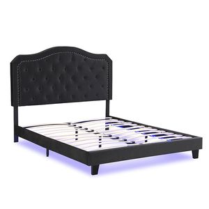 Letto con Piattaforma Illuminata a LED in Velluto Nero, Design Curvo Trapuntato, Facile Montaggio con Robusto Supporto a Doghe in Legno - Product Image 6