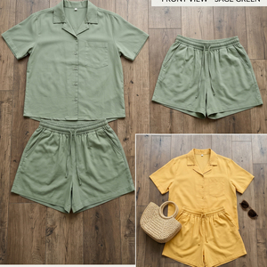 Women's Summer Cotton Short Sleeve Shirt With Drawstring Shorts <b>Set</b> Solid Color Casual Loose Fit T Shirt Shorts Two Piece Ladies - Product Image 5