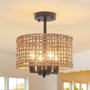 11.81 ''naturel bohème 4 lumières tambour rotin semi-encastré plafond pendentif Dimmable outil de tournage - Product Image 1