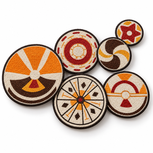Ensemble de 6 décorations murales rondes en jute bohème personnalisables avec des motifs géométriques multicolores pour le salon, vente en gros - Product Image 2