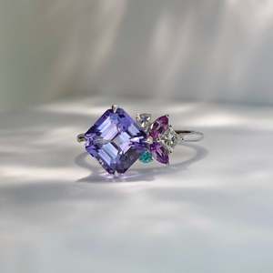 Geometric Amethyst Gemstone Ring Princess Cut Diamond Prong Setting Women's Engagement Romantic Style - Product Image 1