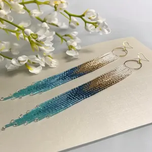 TOP TRENDING Ombre Blue Beaded Fringe Earrings Long Dangle Ocean Inspired Jewelry Seed <b>bead</b> Earrings FOR WEEKEND PARTY - Product Image 3