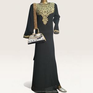 Black Luxury Kaftan <b>Dress</b> with <b>Silver</b> Embroidered Front and Ornate Cuff Detail for Elegant Wedding Party Wear - Product Image 2
