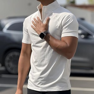 T-shirt zippé vintage homme style euro-américain pour sports et fitness d'été en extérieur, séchage rapide, haute élasticité, col montant, couleur unie, 180g - Product Image 5
