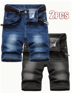 Men s Denim <b>Shorts</b> 2Pcs Set Blue Black Straight Leg Distressed Ripped Cotton Woven Summer Casual Style Mid Waist <b>Zippers</b> - Product Image 1