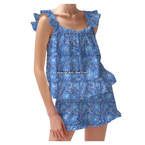 Ensembles de pyjama en coton à la mode bohème-Chemise en coton Printemps/Été Ensemble de pyjama à bretelles ajustées à volants et à fleurs - Product Image 3