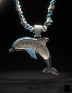 Pendentif Hip Hop Dauphin Sertie de Diamants Bleus, Plaqué Or 14K sur Argent 925, avec Micro-Pavé de Pierres Bleues et Blanches - Product Image 2