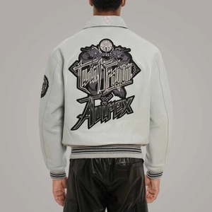 Avirex Twin Dragon Grey <b>Sheepskin</b> Leather Varsity Bomber <b>Jacket</b> Limited Edition - Product Image 4