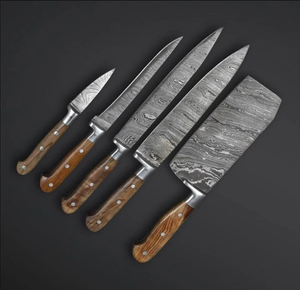 Juego de Cuchillos de Cocina Damasco con Logotipo Personalizado, 5 Piezas, Mango de Madera, Cuchillos de Cocina Premium, Calidad de Chef de Restaurante, Fabricante OEM - Product Image 2