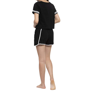 Women's Black <b>2</b>-<b>Piece</b> Sporty <b>Set</b> Short Sleeve Crop Top With <b>White</b> Trim High Waisted Shorts Solid Knitted Breathable Spring - Product Image 2