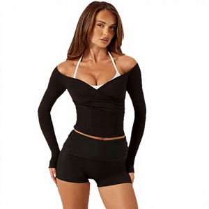 Off-The-Shoulder <b>Long</b> Sleeve Yoga Set 2 Piece Black Ruched Twist High Waist Shorts <b>Spaghetti</b> Strap Breathable Solid - Product Image 1