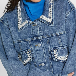 Chaqueta vaquera acolchada ecológica con doble solapa y bolsillo de parche, precio mayorista, logotipo personalizado, tela de algodón suave y cómoda para mujer - Product Image 6