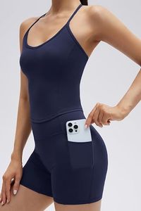 Ensemble de yoga dos croisé et décolleté en V, taille haute, sans couture, uni bleu marine, 2 pièces, sans manches, respirant, en Spandex et Polyester - Product Image 6