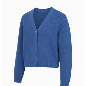 Women's Blue V-Neck Cardigan Full Sleeve Knitted Sweater Casual Autumn Wear Anti-Pilling 100% Acrylic <b>Single</b> Breasted - Product Image 4