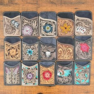 Top Selling Handmade Tooled Leather Credit <b>Card</b> <b>Holders</b> Genuine Leather Turquoise Floral <b>Card</b> Case <b>Wallet</b> Gift for Him & Her - Product Image 4