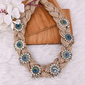 Boho Braided Jute Pearl <b>Statement</b> <b>Necklace</b> & Earrings Set - Product Image 3