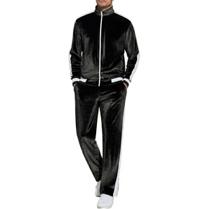 Ensemble de survêtement en velours marron pour homme, 2 pièces, fermeture éclair intégrale, couleur unie, décontracté, avec poches latérales, coupe classique, pour l'automne - Product Image 2