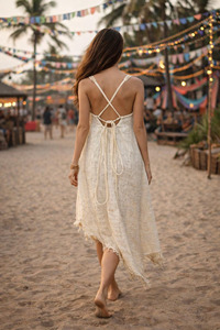 Elegant Boho Fringe High-Low Festival Beach Dress and Resort Caftan Premium Breathable Linen-Blend Fabric Sleeveless Tunic Dress - Product Image 4