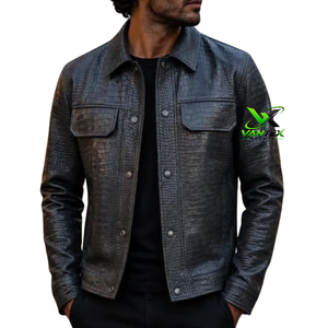 VANTEX SPORTS Blouson moto homme en toile véritable marron gaufré croco, col montant, tissu respirant, doublure en peau de mouton, effet peau de serpent - Product Image 1