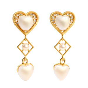 Gold Plated Pearl Stud Drop Earrings-Vintage Religious Geometric Heart Design - Product Image 3