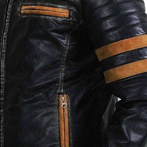<b>Men's</b> Black Genuine <b>Leather</b> Yellow Stripe Stand Collar Zipper Closure Windproof Moto Biker Style Autumn Wear <b>Jacket</b> For Sale - Product Image 5