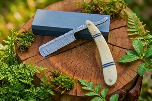 Cuchillo Plegable de Acero de Damasco, Hoja Recta de 0.6mm, Mango con Perilla, Cuchillo para Camping - Product Image 5